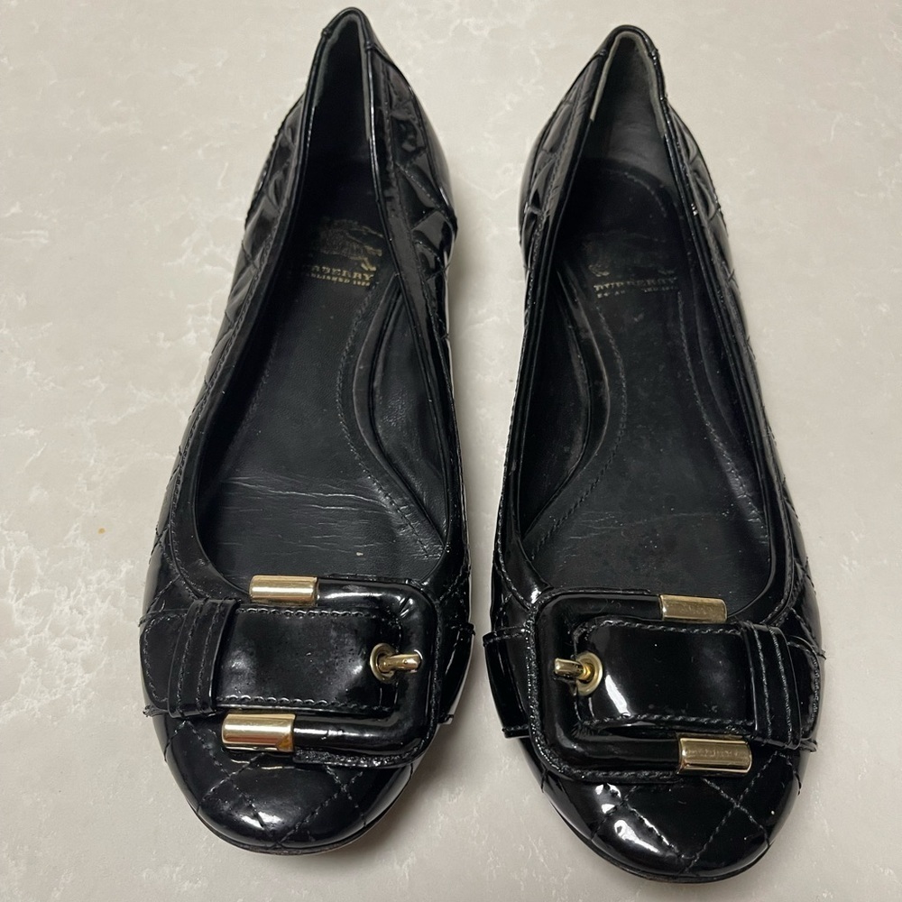 Burberry Black Patent Leather Flats with Gold Buckle